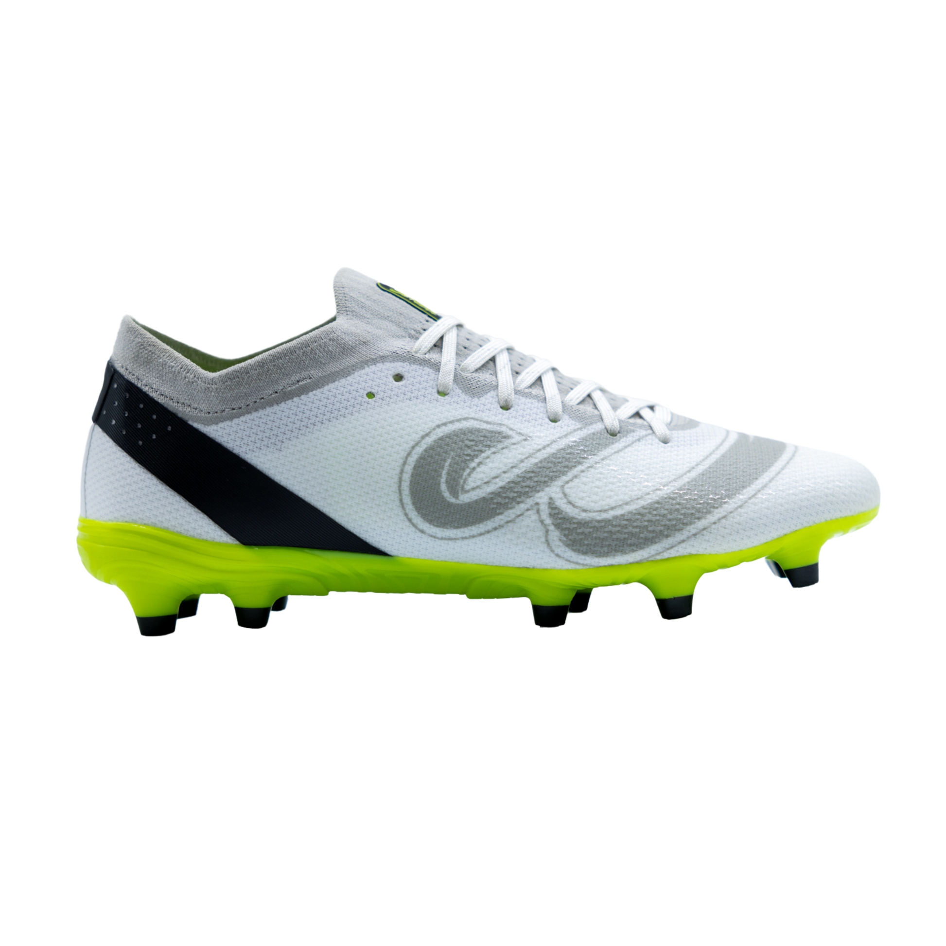 Side profile of Senda Pampa Pro Soccer Cleats in white with black heel and gray graphic, designed for elite traction and agility on grass fields.

