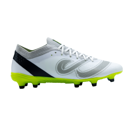 Side profile of Senda Pampa Pro Soccer Cleats in white with black heel and gray graphic, designed for elite traction and agility on grass fields.

