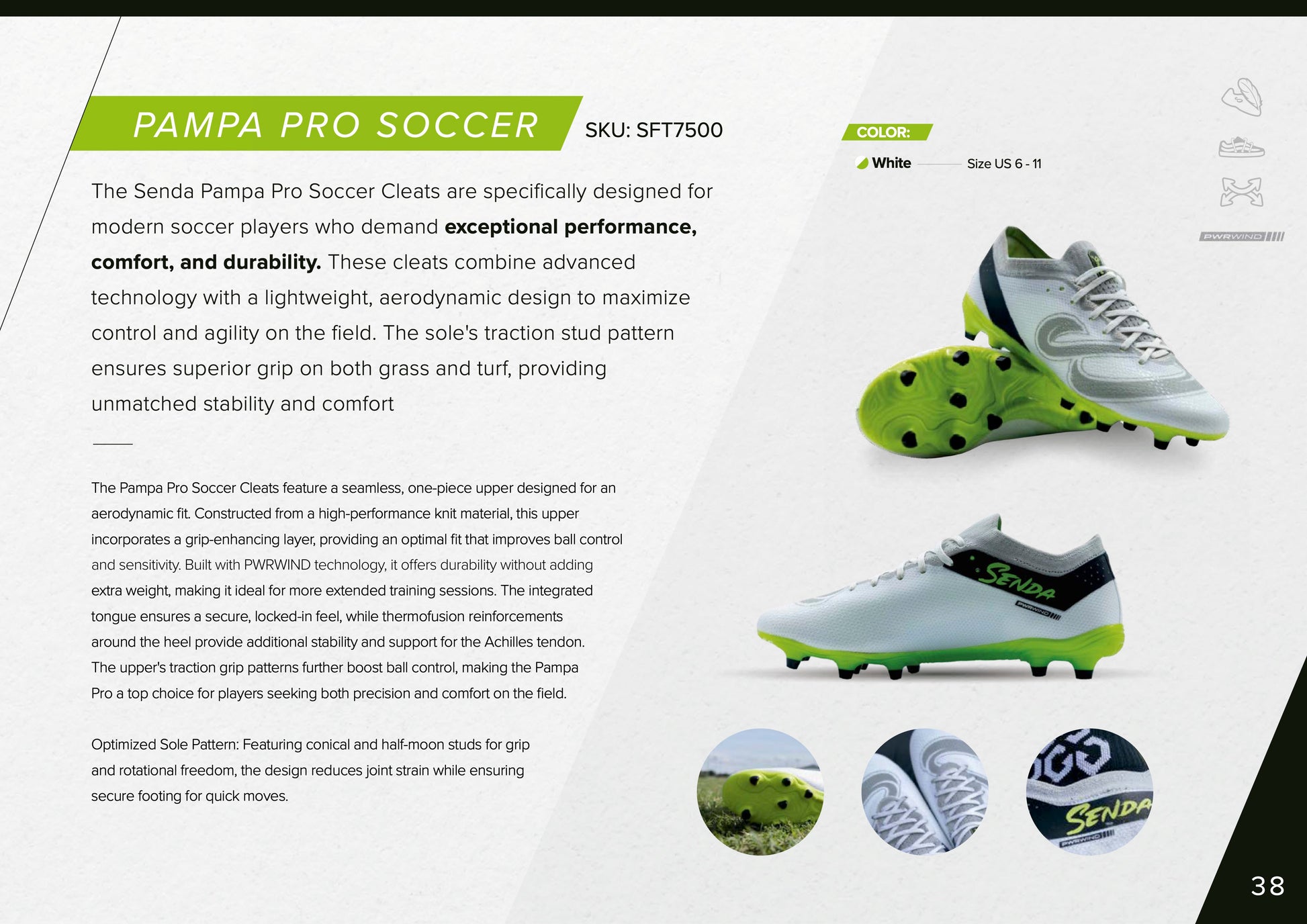 Technical specification sheet for Senda Pampa Pro Soccer Cleats showing performance benefits, stud pattern, comfort features, and product visuals.

