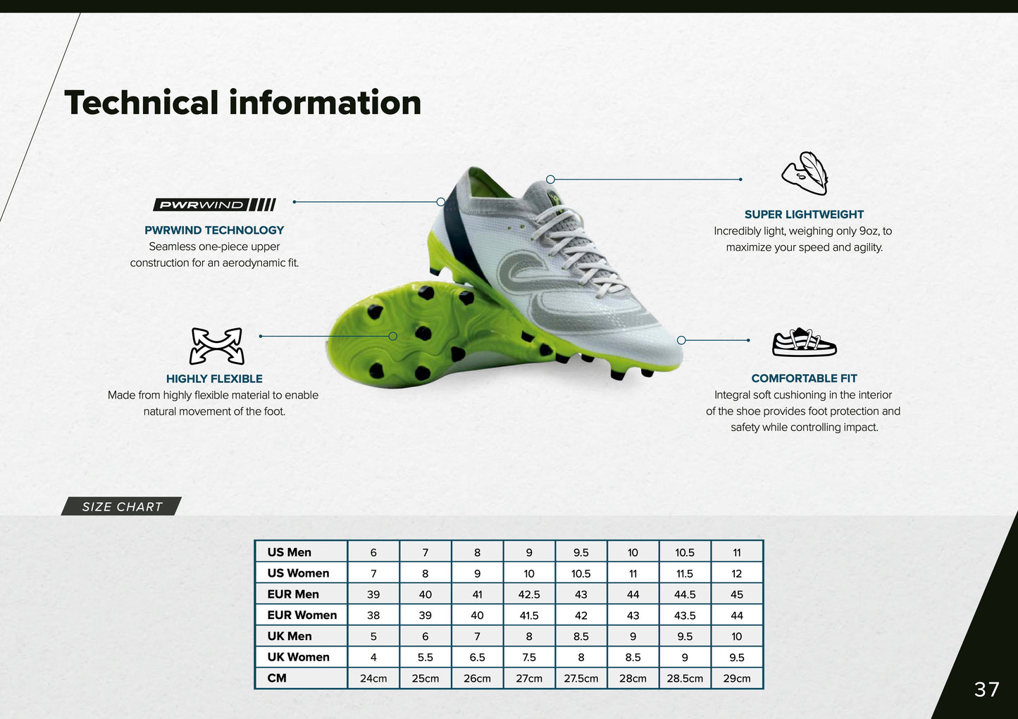 Technical details of Senda Pampa Pro Soccer Cleats showcasing aerodynamic fit, lightweight build, comfort features, and a full sizing chart.

