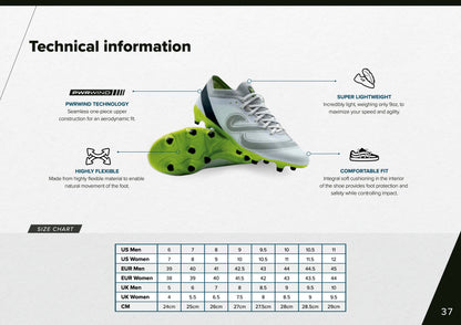 Technical details of Senda Pampa Pro Soccer Cleats showcasing aerodynamic fit, lightweight build, comfort features, and a full sizing chart.

