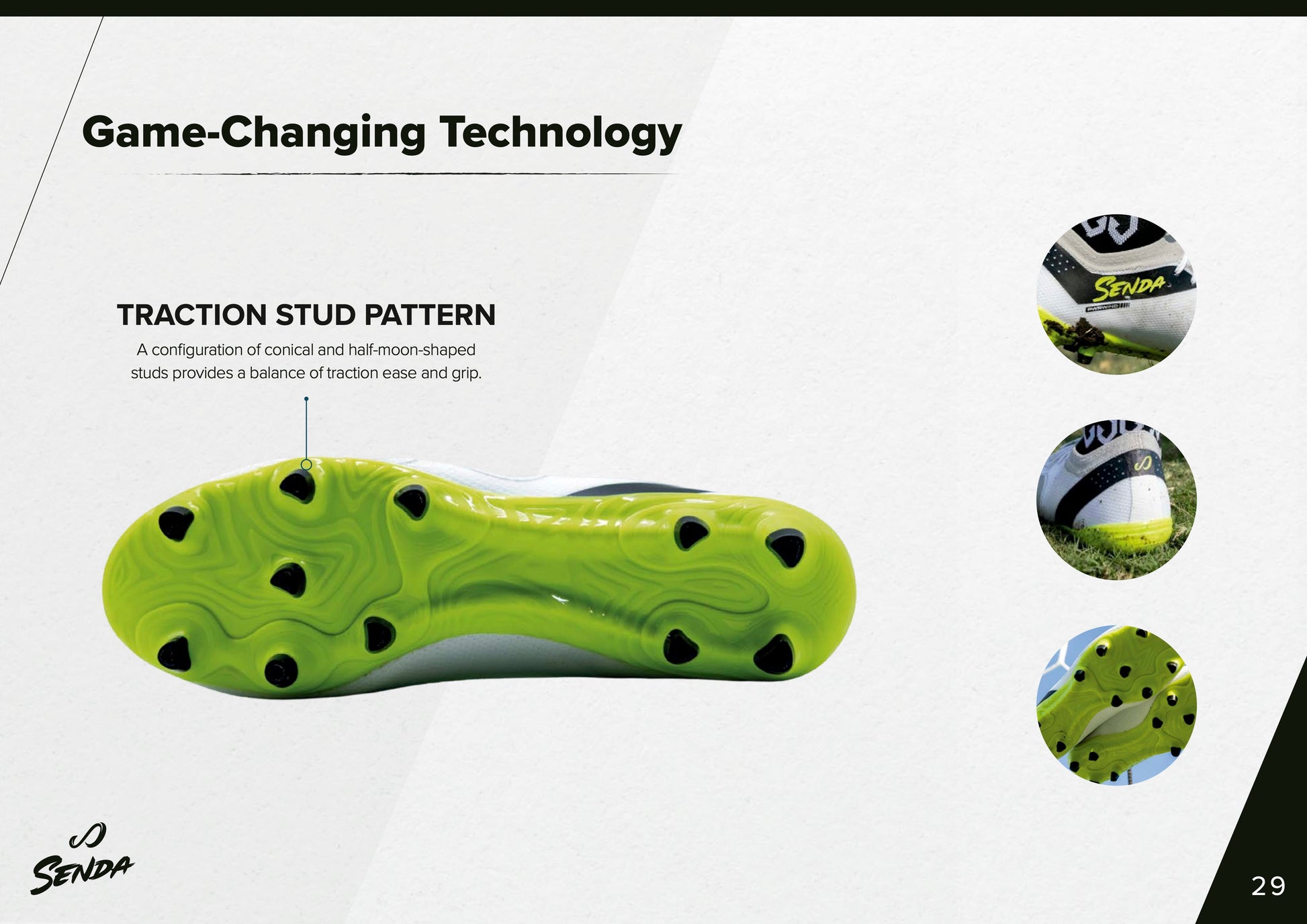 Close-up of Senda Pampa Pro Soccer Cleats' traction stud pattern featuring conical and half-moon studs for balanced grip on turf and natural grass.

