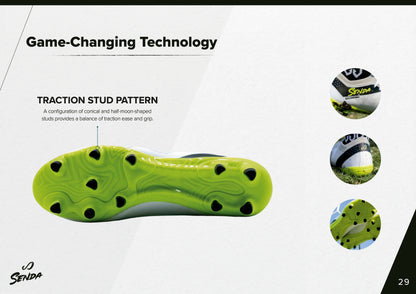 Close-up of Senda Pampa Pro Soccer Cleats' traction stud pattern featuring conical and half-moon studs for balanced grip on turf and natural grass.

