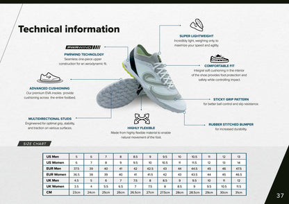 Technical diagram of Senda Pampa Pro Turf Cleats showing PWRWIND seamless upper, Actionnube midsole, multidirectional studs, and lightweight EVA cushioning for optimal soccer performance.

