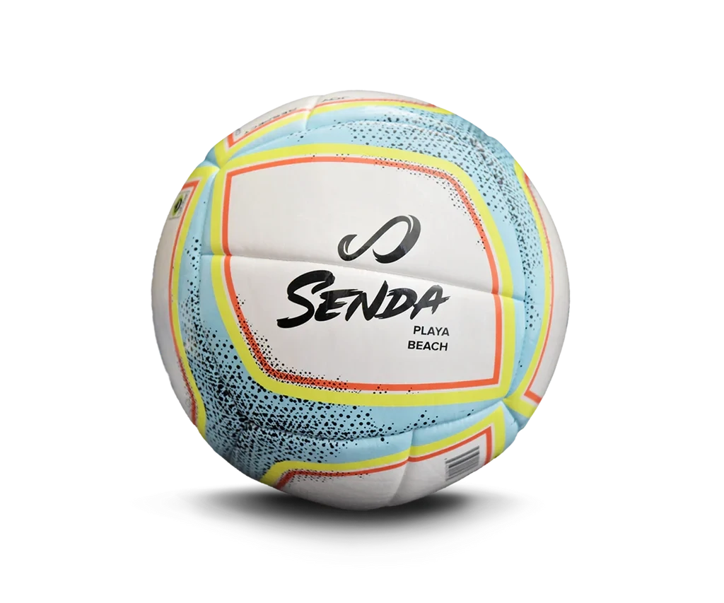 Back view of Senda Playa Beach Soccer ball featuring bold Senda logo and pastel pattern.


