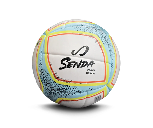 Back view of Senda Playa Beach Soccer ball featuring bold Senda logo and pastel pattern.


