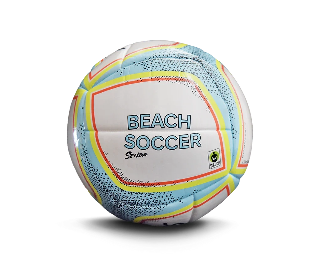 Front view of Senda Playa Beach Soccer ball with colorful design and Fair Trade Certified logo.

