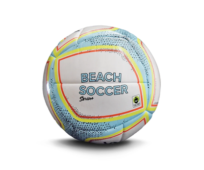 Front view of Senda Playa Beach Soccer ball with colorful design and Fair Trade Certified logo.

