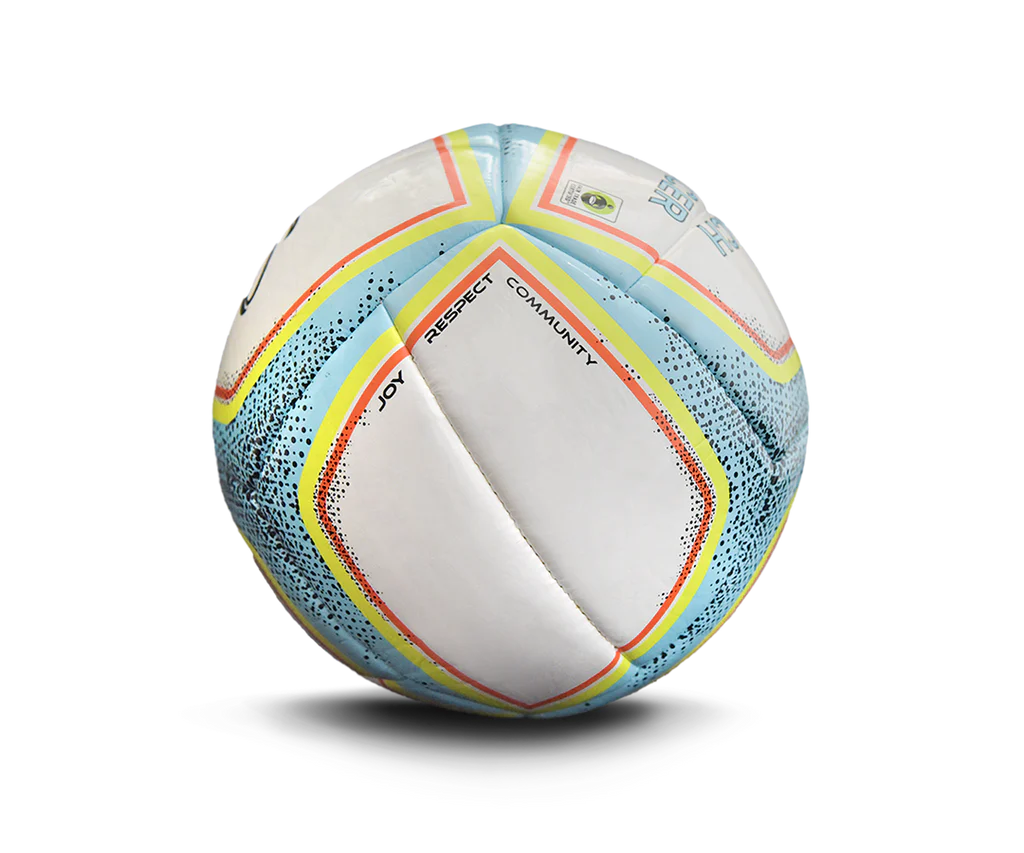 Side view of Senda Playa Beach Soccer ball showcasing "Joy, Respect, Community" printed on colorful panels.

