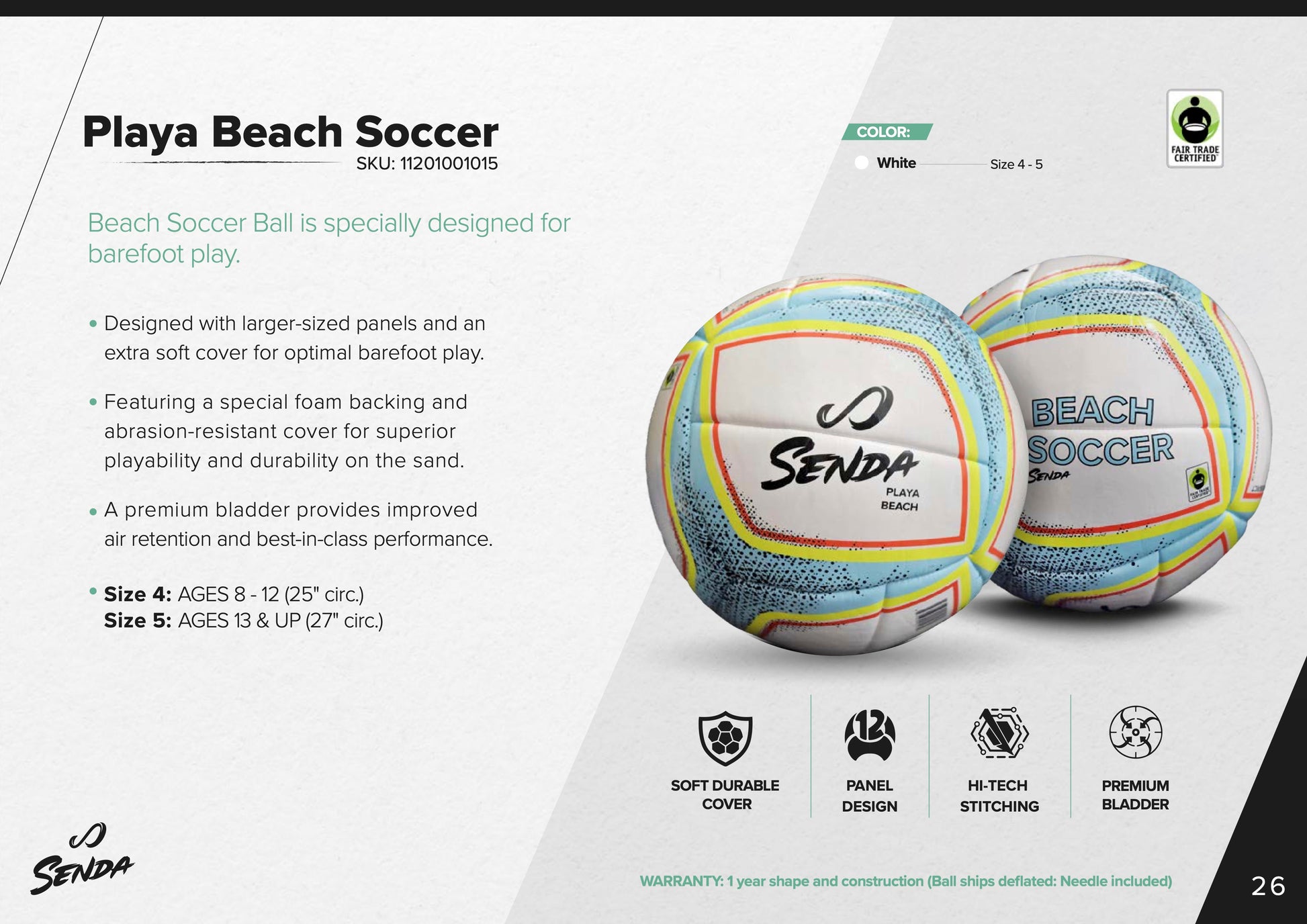 Technical specifications of the Senda Playa Beach Soccer Ball showing design features, available sizes, and warranty for barefoot beach play.


