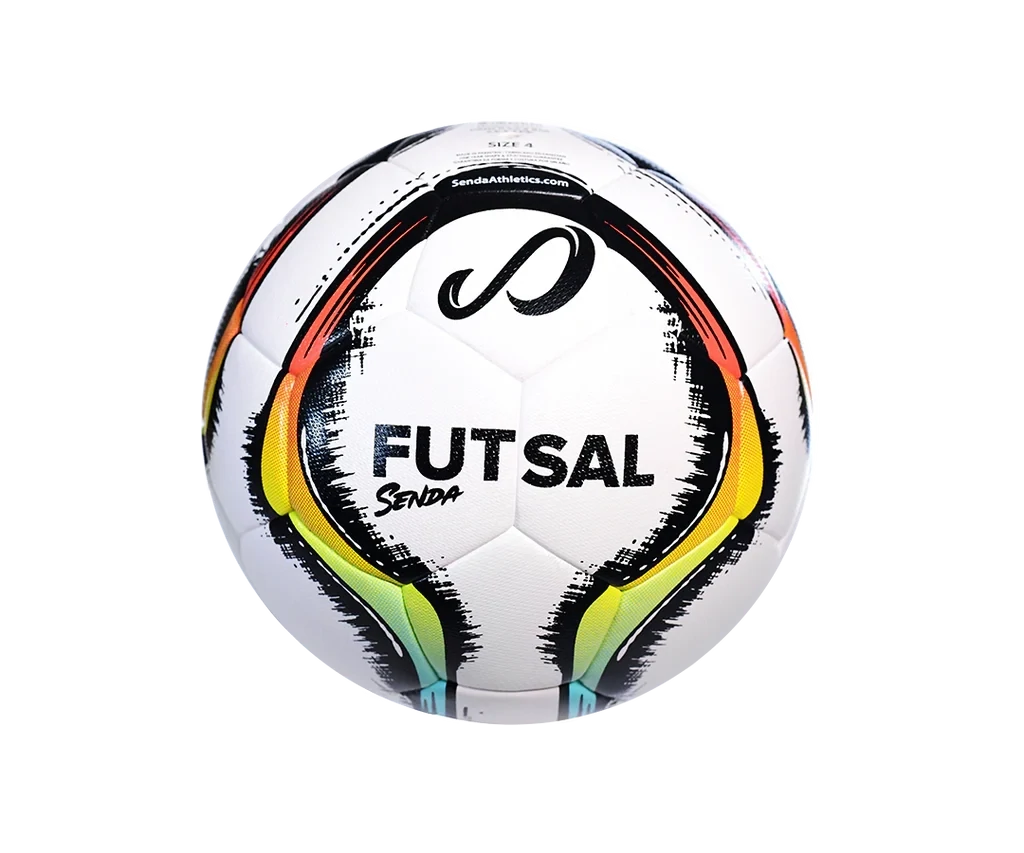 Senda official futsal ball with rainbow accent design, size 4, featuring a textured surface for optimal indoor court control.

