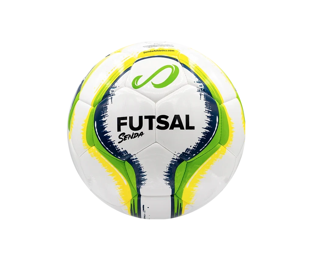 Back view of Senda Rio Match Futsal ball showing “FUTSAL” branding with vivid green and yellow details on a white textured surface.


