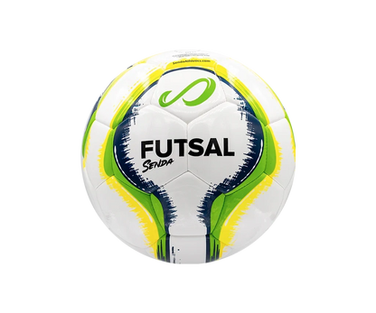 Back view of Senda Rio Match Futsal ball showing “FUTSAL” branding with vivid green and yellow details on a white textured surface.

