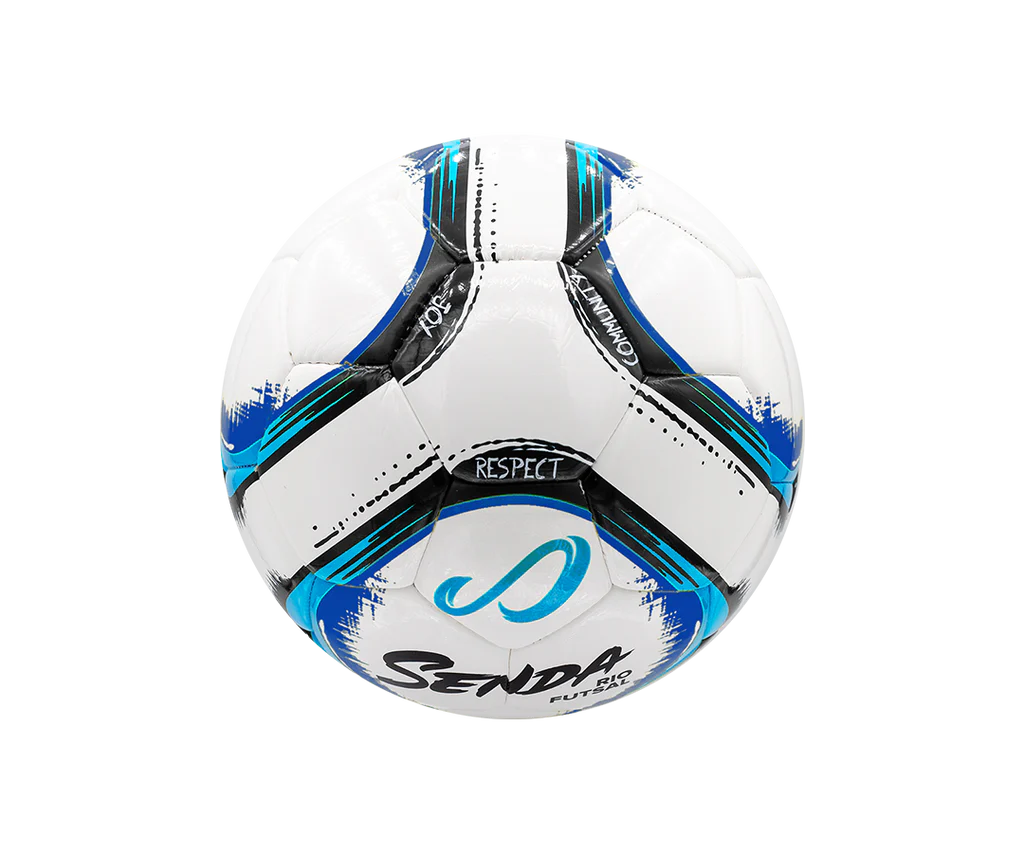 Angled view of Senda Rio Match Futsal ball with dark blue and black streaked panel design and "Respect" branding.

