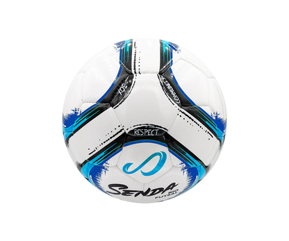 Angled view of Senda Rio Match Futsal ball with dark blue and black streaked panel design and "Respect" branding.

