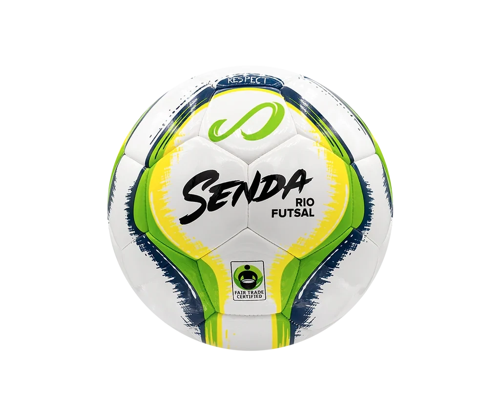 Front-facing Senda Rio Match Futsal ball with green and yellow brushstroke design, Fair Trade logo, and bold Senda branding.

