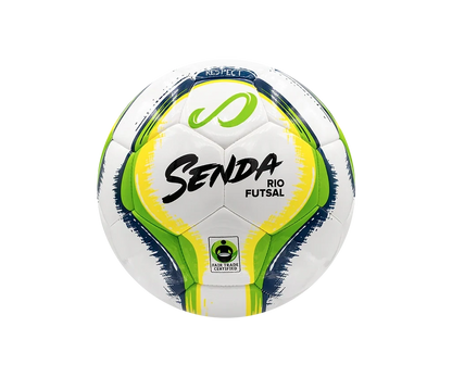 Front-facing Senda Rio Match Futsal ball with green and yellow brushstroke design, Fair Trade logo, and bold Senda branding.

