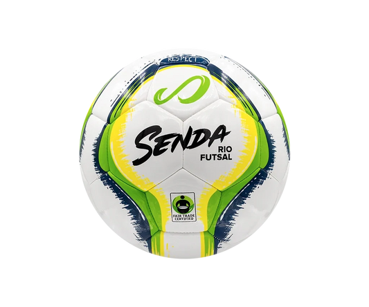 Front-facing Senda Rio Match Futsal ball with green and yellow brushstroke design, Fair Trade logo, and bold Senda branding.

