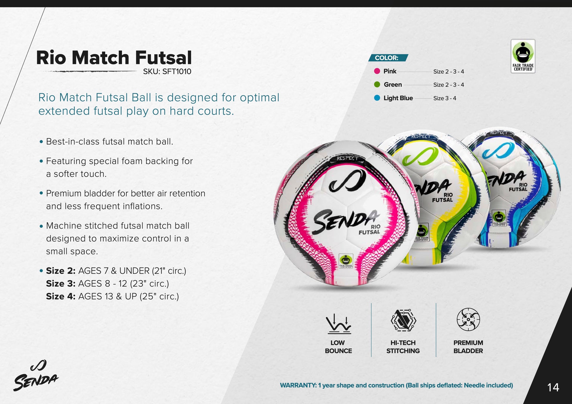 Infographic of Senda Rio Match Futsal ball highlighting features like low bounce, hi-tech stitching, premium bladder, and size guide for youth and adults.

