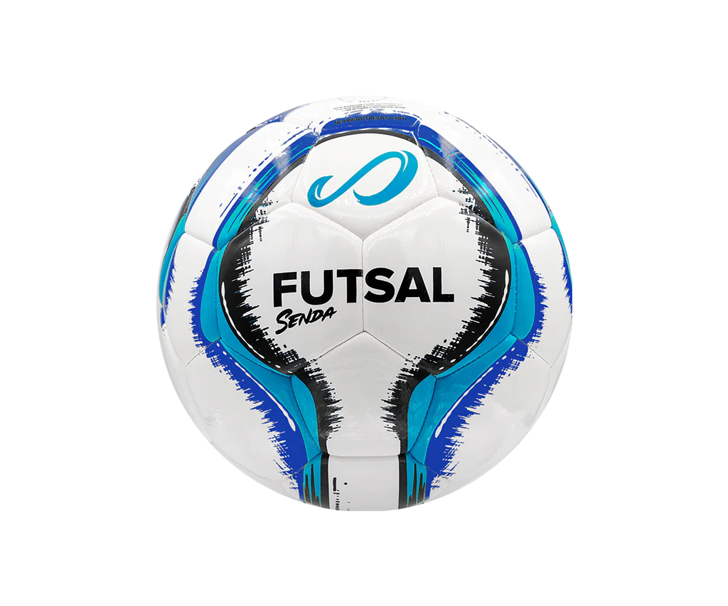 Backside of the Senda Rio Match Futsal ball featuring bold "Futsal" text and vibrant light blue-black graphic detailing.

