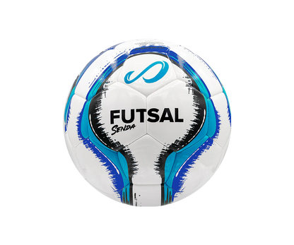 Backside of the Senda Rio Match Futsal ball featuring bold "Futsal" text and vibrant light blue-black graphic detailing.

