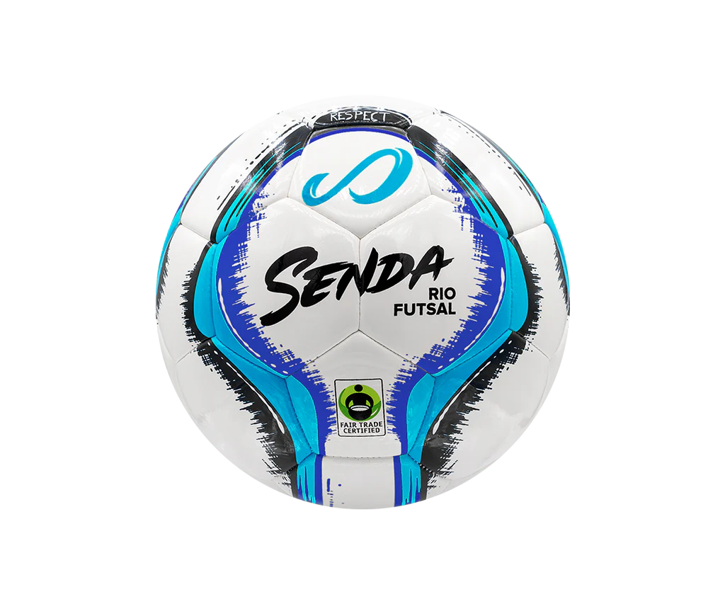 Front view of the Senda Rio Match Futsal ball in light blue with Fair Trade Certified logo and dynamic brushstroke design.

