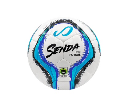 Front view of the Senda Rio Match Futsal ball in light blue with Fair Trade Certified logo and dynamic brushstroke design.

