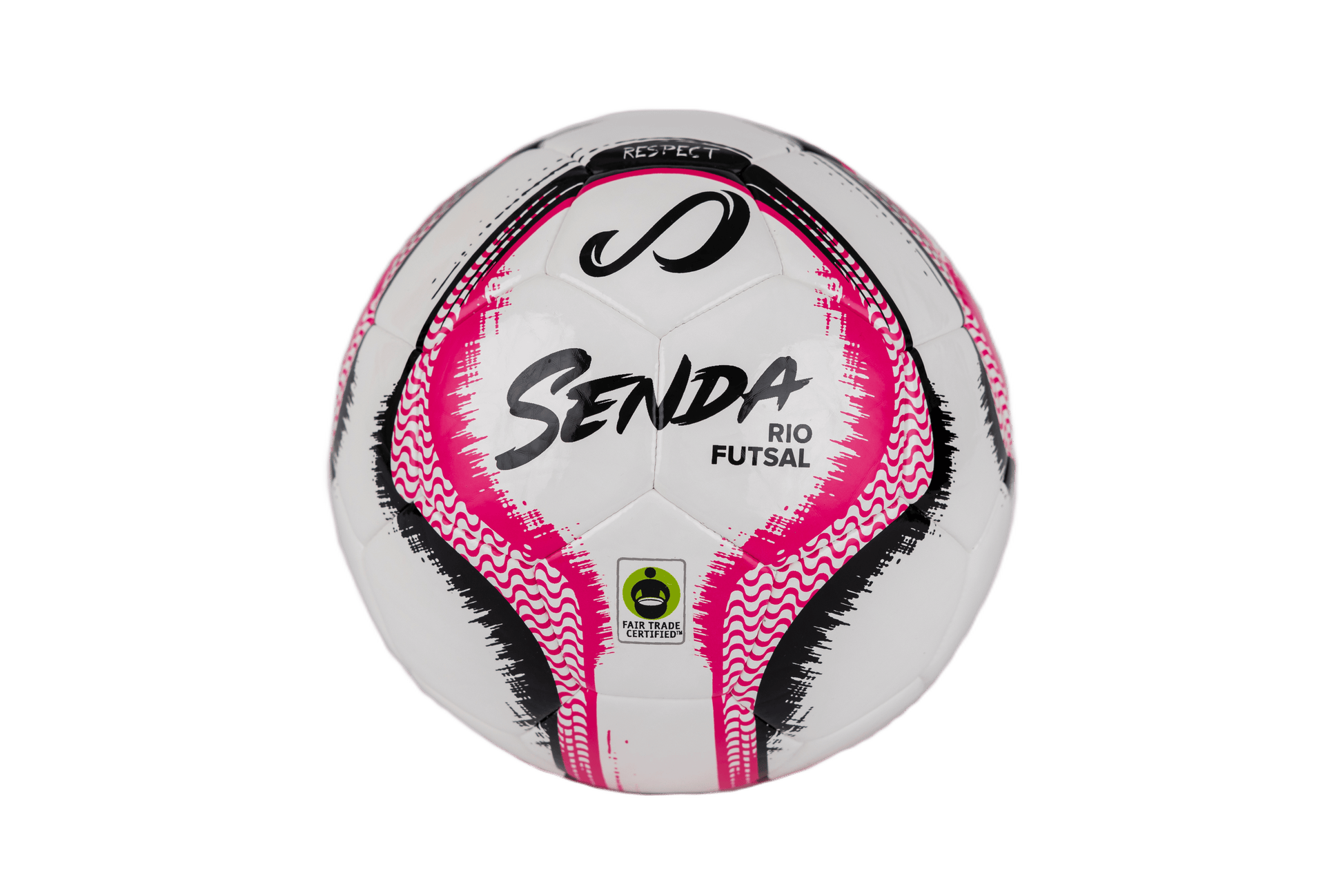 Front-facing Senda Rio Match Futsal ball in pink and black colorway, featuring Fair Trade Certified logo.

