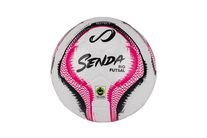 Front-facing Senda Rio Match Futsal ball in pink and black colorway, featuring Fair Trade Certified logo.


