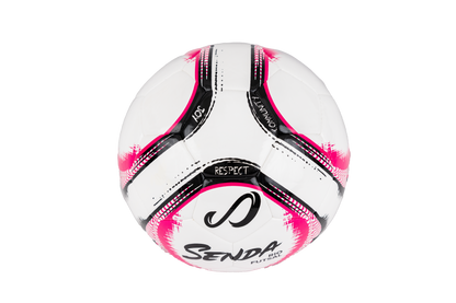 Angled panel shot of Senda Rio Match Futsal ball in pink, showing “Respect,” “Joy,” and “Community” details.

