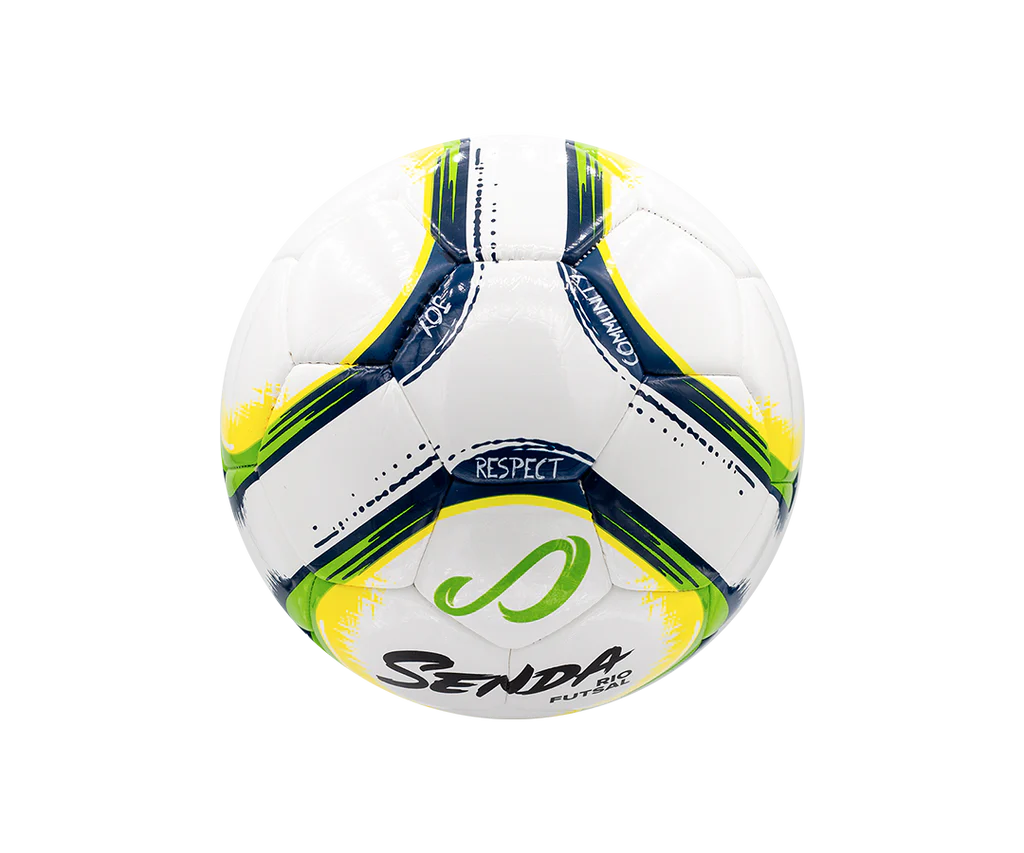 Senda Rio Match Futsal ball close-up showing side panel with Respect, Joy, and Community text and bold brushstroke design in white, green, and navy.


