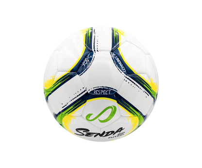 Senda Rio Match Futsal ball close-up showing side panel with Respect, Joy, and Community text and bold brushstroke design in white, green, and navy.

