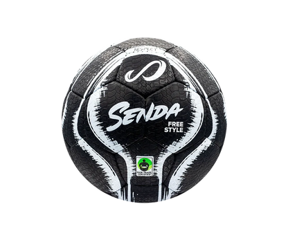 Front view of the Senda Street Freestyle Ball in black with white brushstroke graphics and Fair Trade Certified stamp near the bottom panel.

