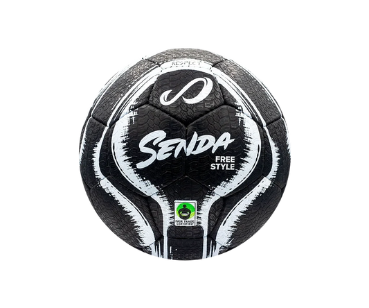 Front view of the Senda Street Freestyle Ball in black with white brushstroke graphics and Fair Trade Certified stamp near the bottom panel.

