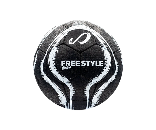 Side view of the Senda Street Freestyle Ball showing bold “FREESTYLE” text across black textured panels with white brushstroke-style accents.


