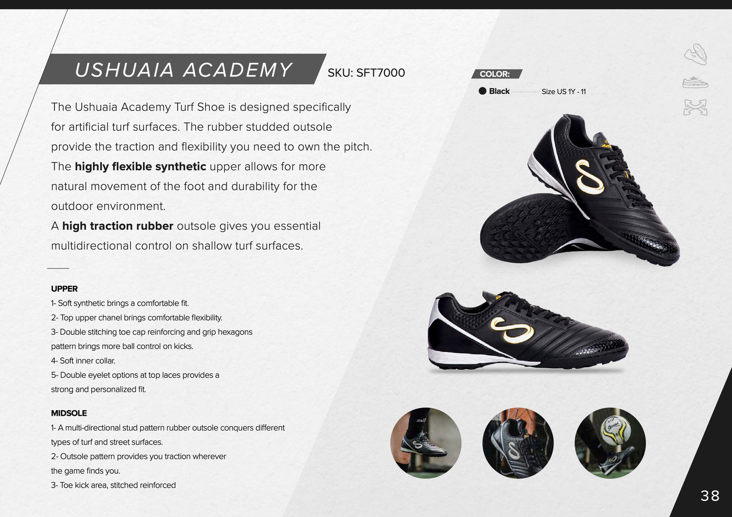 Infographic highlighting Senda Ushuaia Academy Turf Black's lightweight design, flexible outsole, and high traction rubber for turf play.

