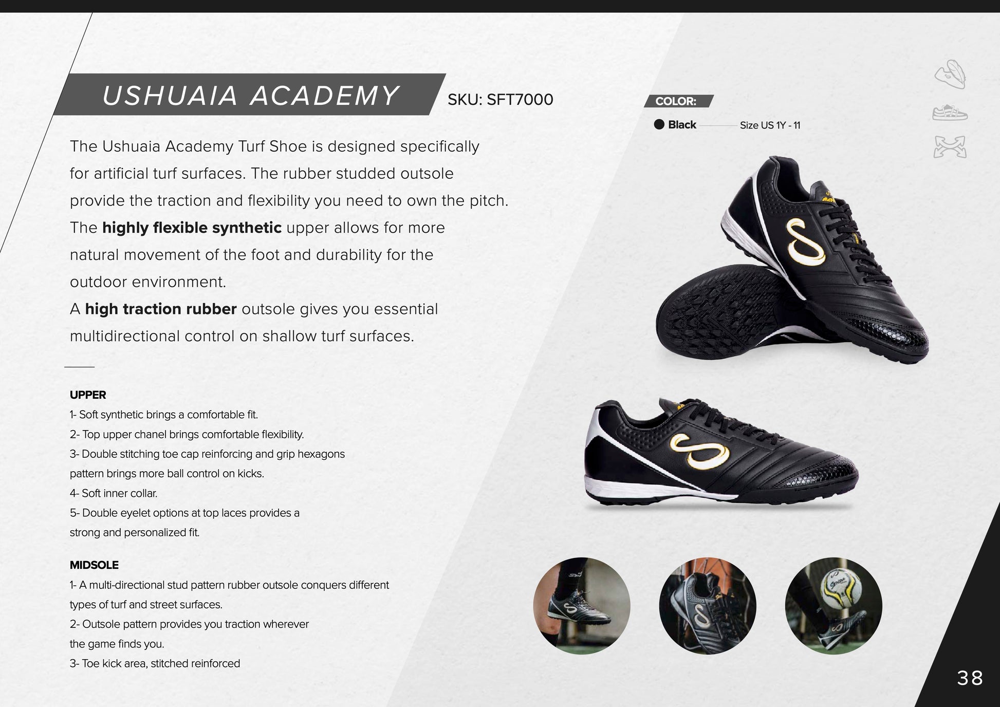Infographic highlighting Senda Ushuaia Academy Turf Black's lightweight design, flexible outsole, and high traction rubber for turf play.

