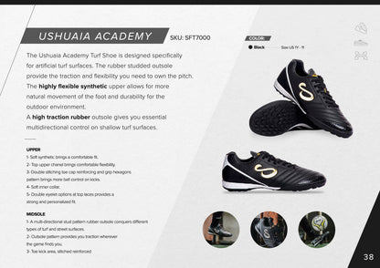 Infographic highlighting Senda Ushuaia Academy Turf Black's lightweight design, flexible outsole, and high traction rubber for turf play.

