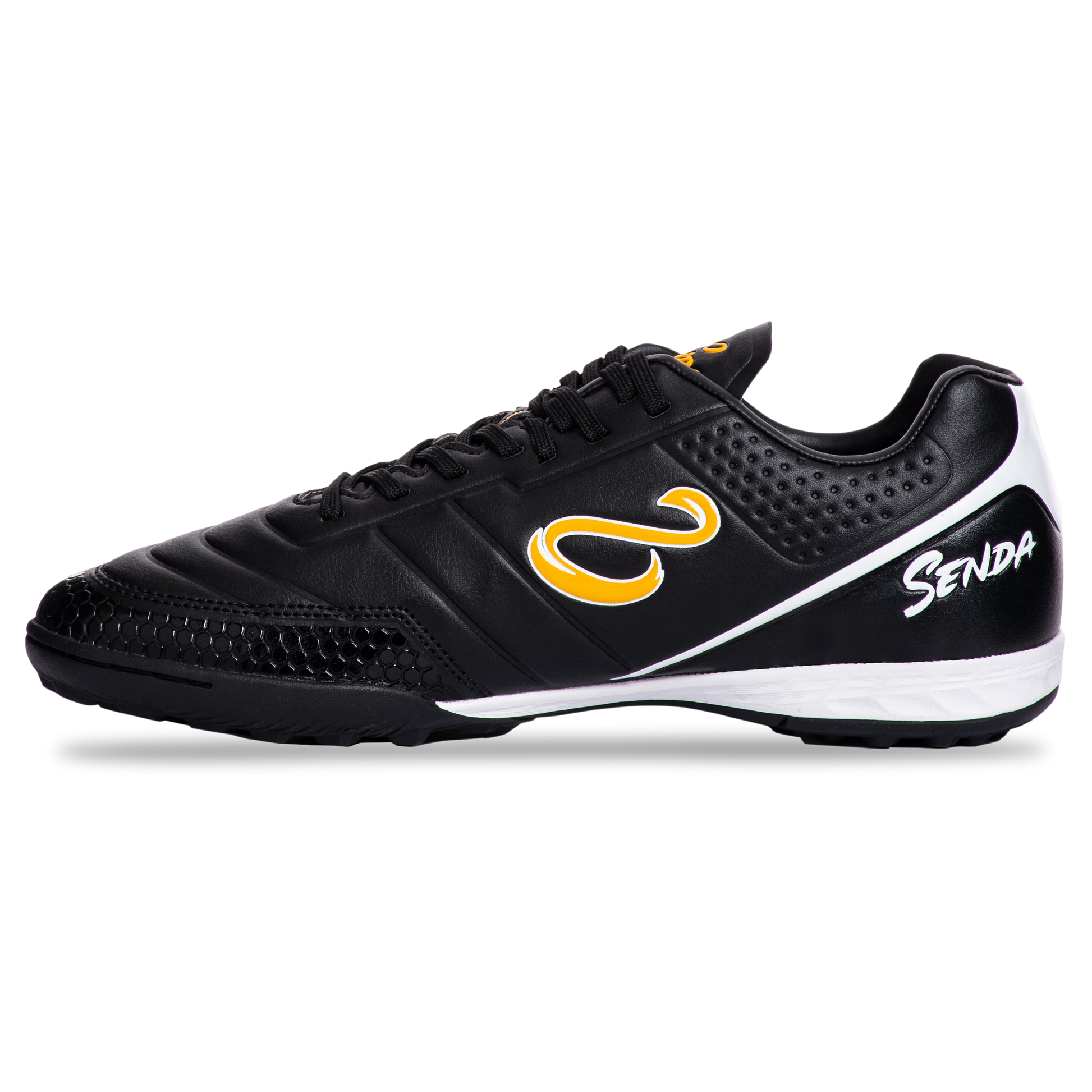 Outer side view of Senda Ushuaia Academy Turf Black shoes highlighting stitched black upper and yellow Senda logo.

