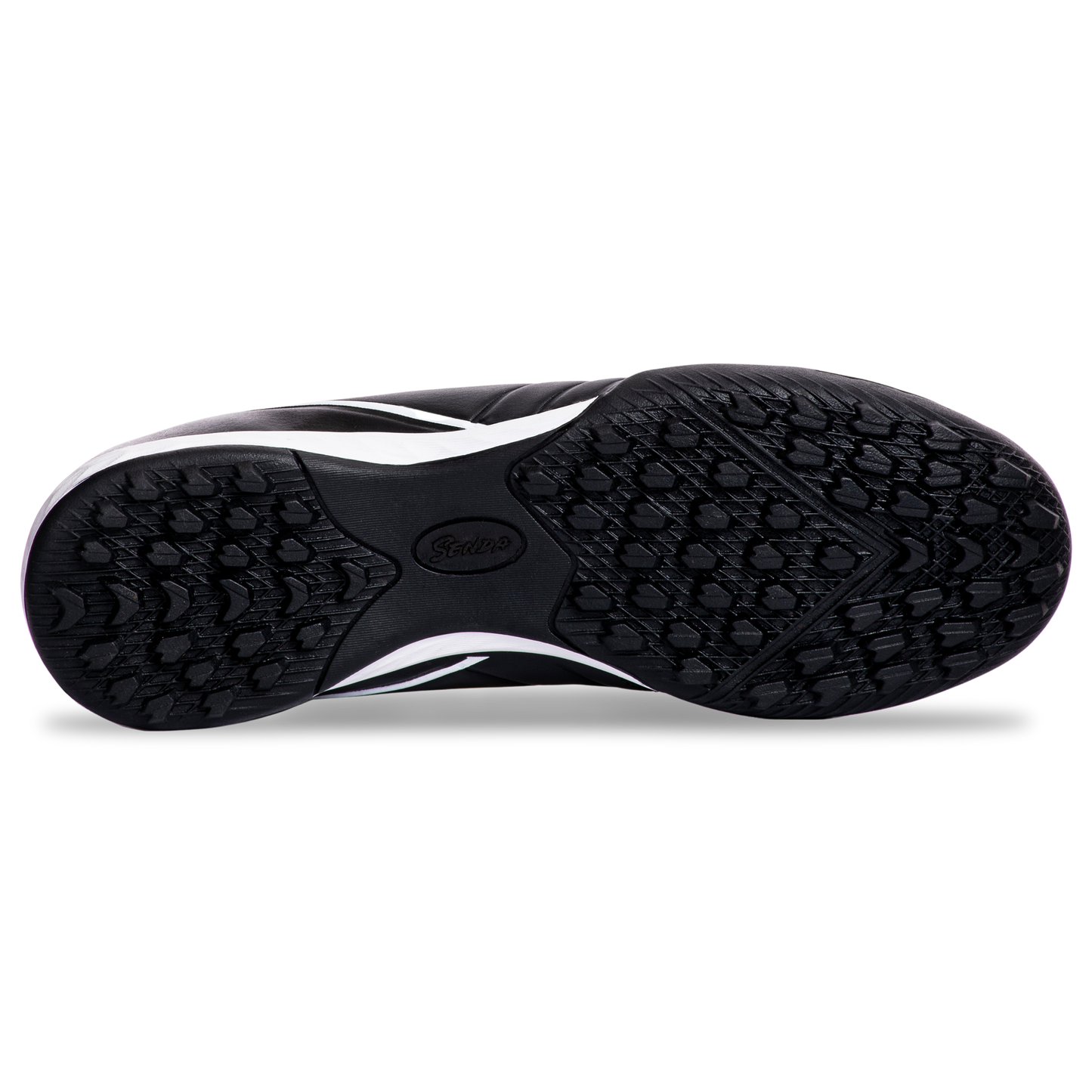 Bottom view of Senda Ushuaia Academy Turf Black futsal shoes showcasing non-marking rubber outsole with hexagonal tread pattern.

