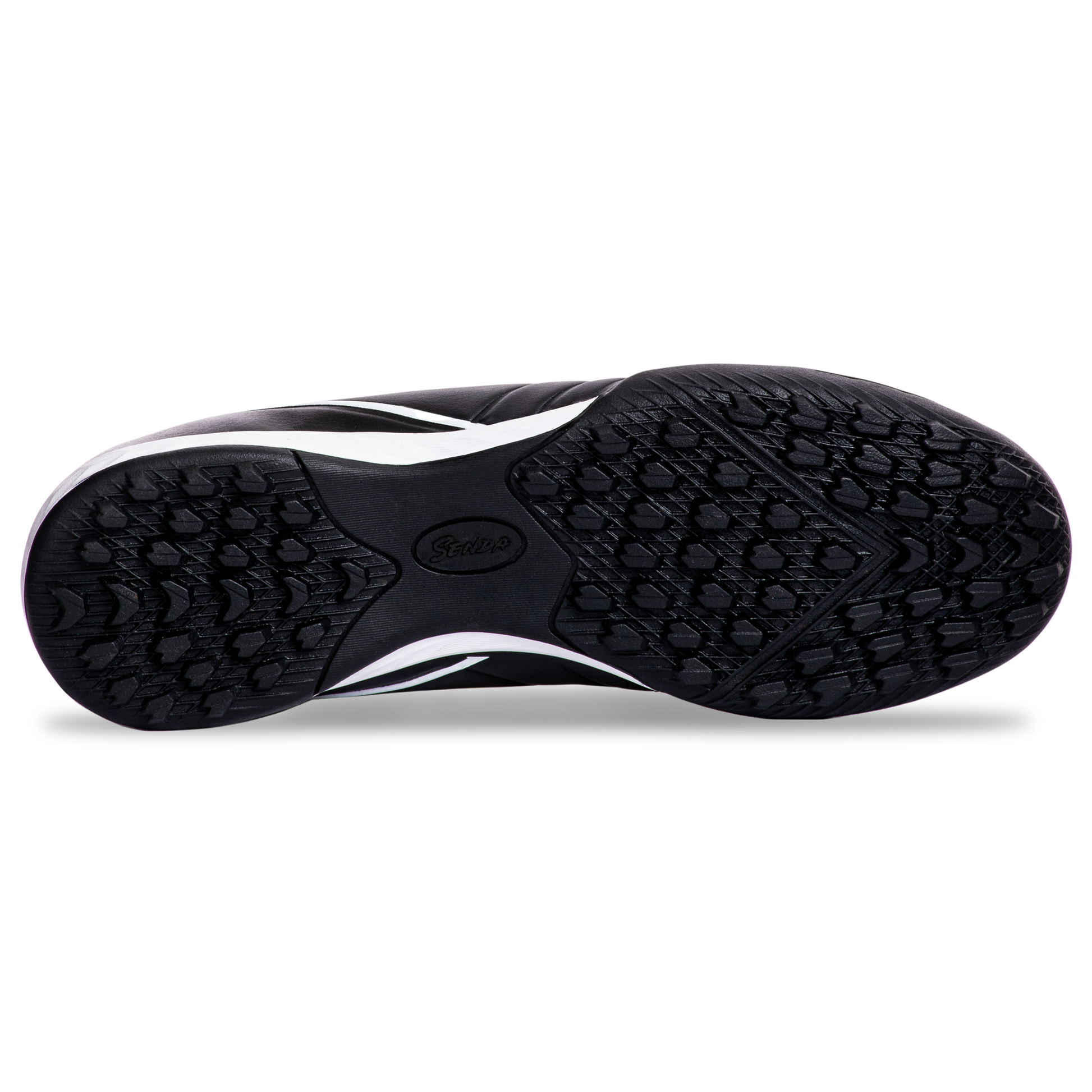 Bottom view of Senda Ushuaia Academy Turf Black futsal shoes showcasing non-marking rubber outsole with hexagonal tread pattern.

