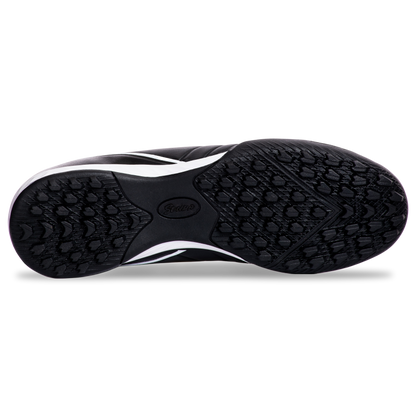 Bottom view of Senda Ushuaia Academy Turf Black futsal shoes showcasing non-marking rubber outsole with hexagonal tread pattern.

