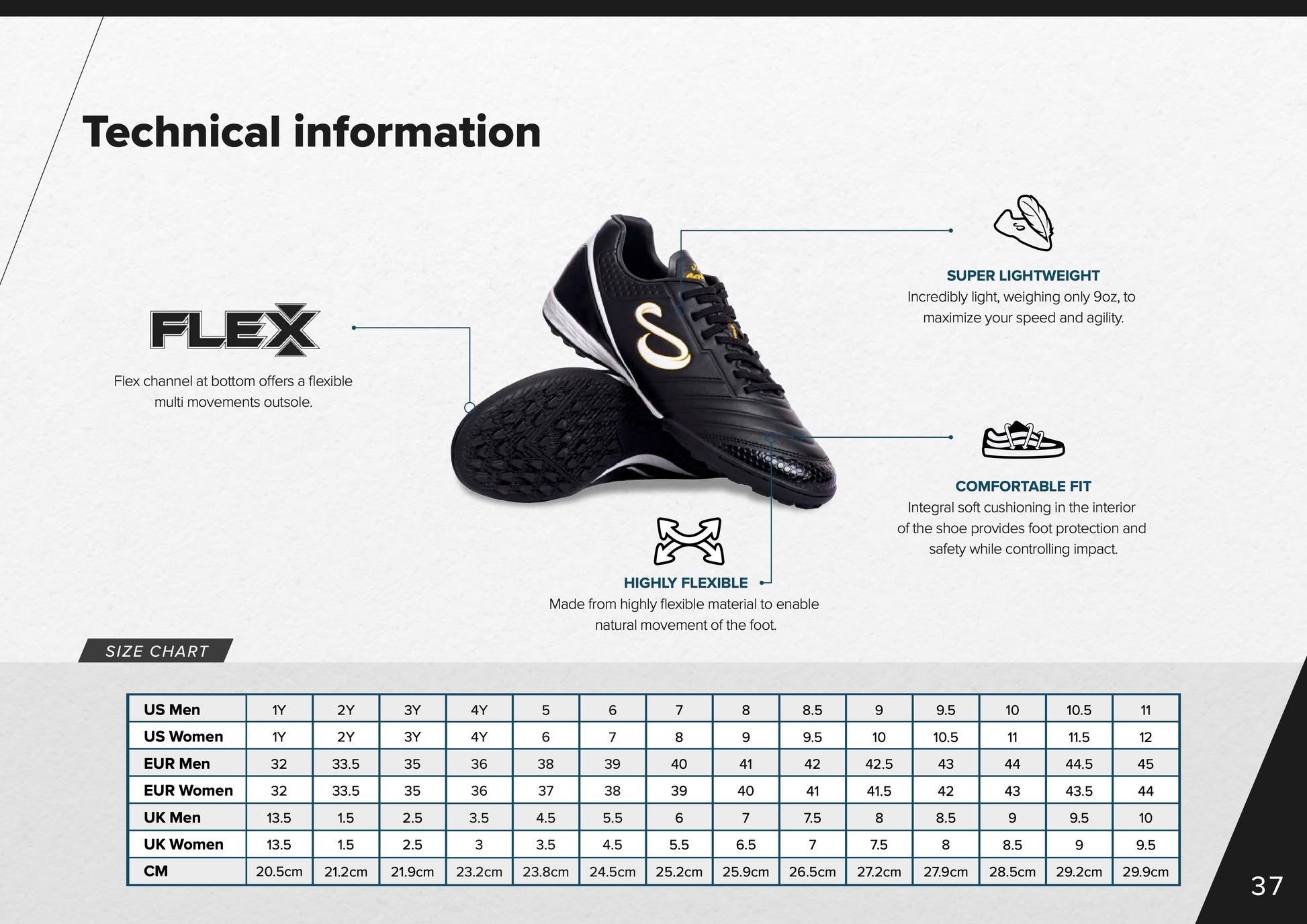 Size chart and technical specifications for Senda Ushuaia Academy Turf Black, including flexibility, comfort fit, and shoe measurements in US, UK, EU, and CM.

