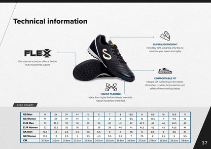 Size chart and technical specifications for Senda Ushuaia Academy Turf Black, including flexibility, comfort fit, and shoe measurements in US, UK, EU, and CM.

