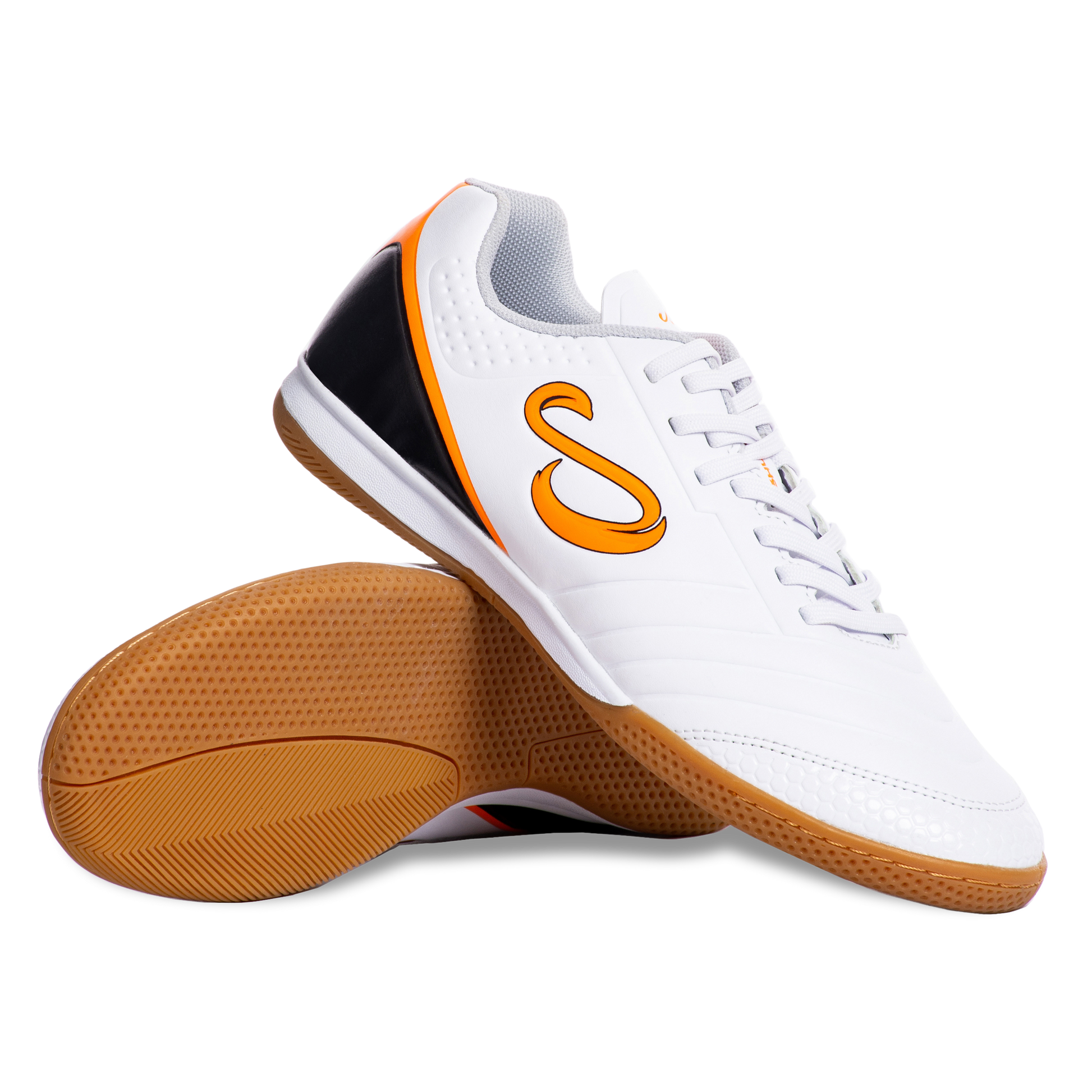 Senda Ushuaia Academy White futsal shoes with gum sole and black-orange heel design, shown in a stacked side view.

