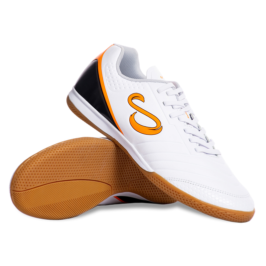 Senda Ushuaia Academy White futsal shoes with gum sole and black-orange heel design, shown in a stacked side view.


