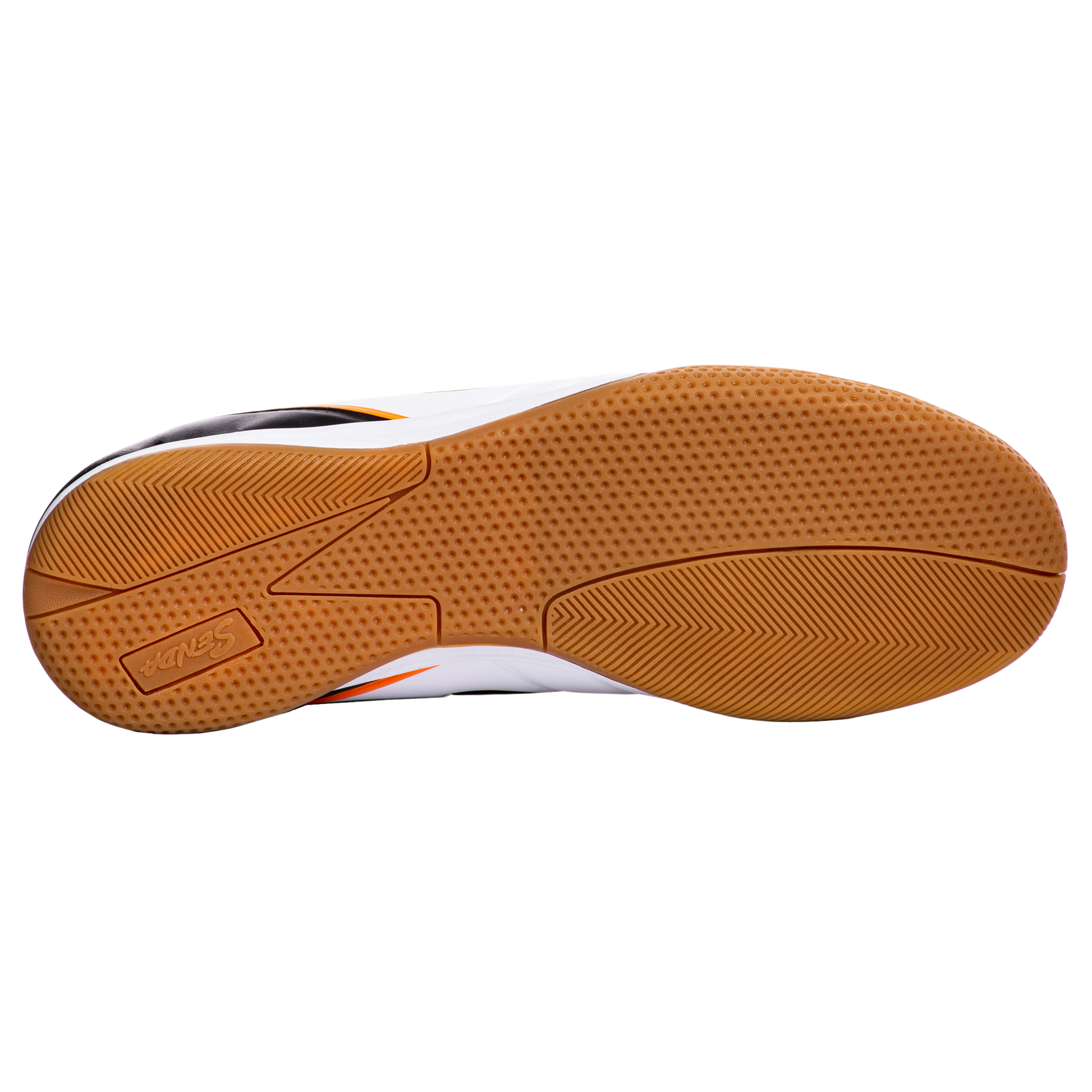 Bottom view of Senda Ushuaia Academy futsal shoe featuring gum rubber outsole with pivot point and textured grip zones.

