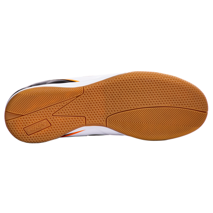 Bottom view of Senda Ushuaia Academy futsal shoe featuring gum rubber outsole with pivot point and textured grip zones.

