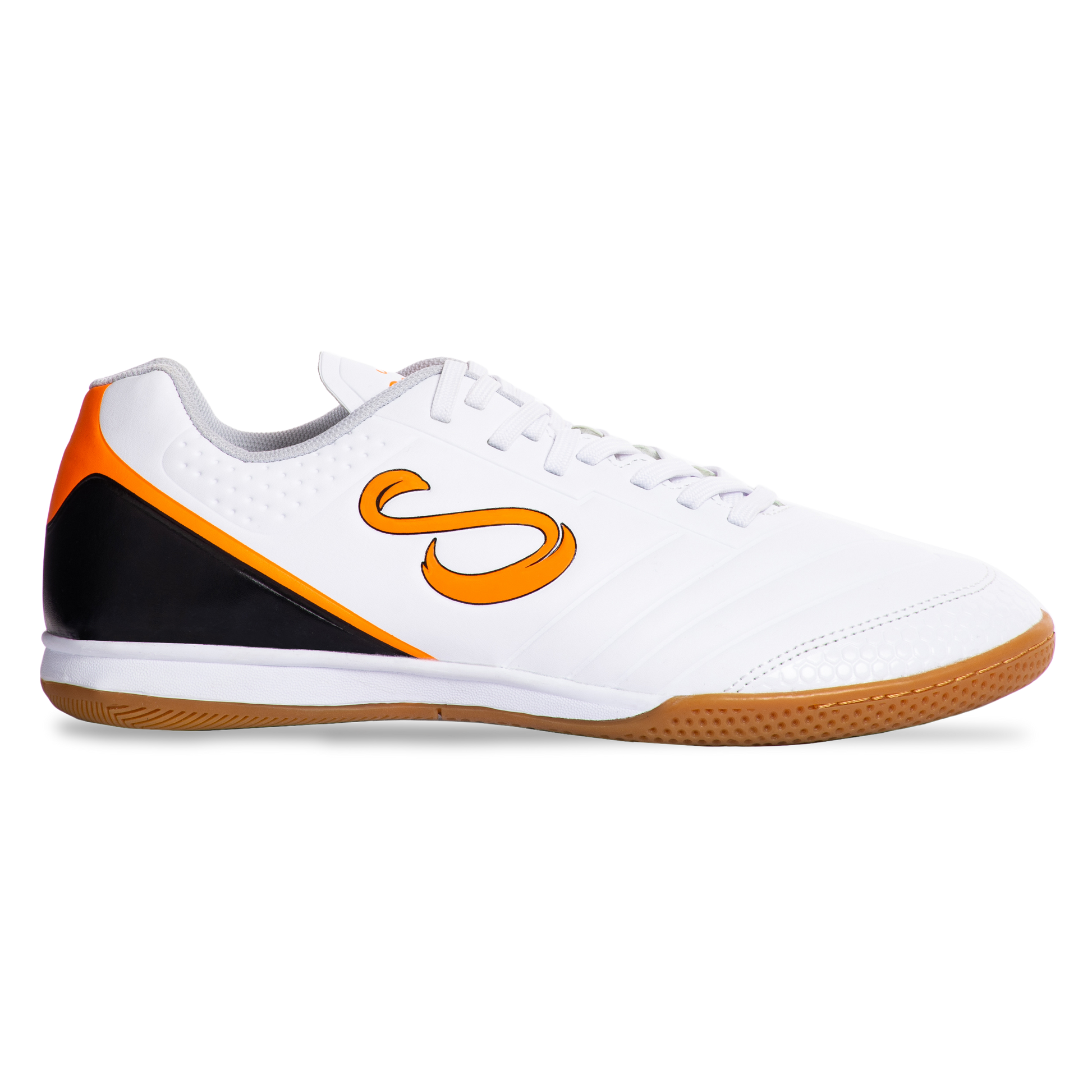 Side profile of Senda Ushuaia Academy indoor soccer shoe in white with orange S logo and gum rubber outsole.


