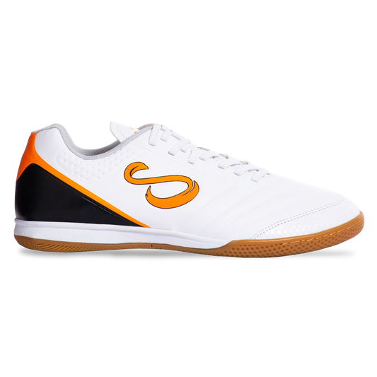 Side profile of Senda Ushuaia Academy indoor soccer shoe in white with orange S logo and gum rubber outsole.

